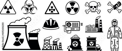 Atomic and nuclear power plants, radioactive waste, symbols and icons, a nuclear engineer, and an icon set with a skull and bones for radiation, an industry icon pack.