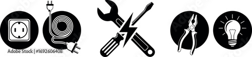 Vector icons for electrician and electrical work.