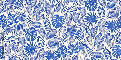 Seamless pattern of vibrant blue tropical palm leaves and monstera foliage on a cream background