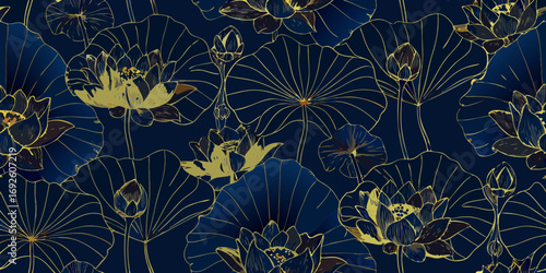 Elegant seamless pattern of golden lotus flowers and leaves on a deep blue background