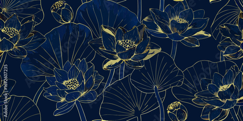 Elegant dark blue lotus flowers and leaves with golden outline seamless pattern