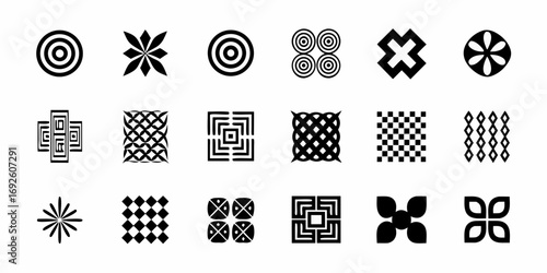 Collection of diverse black geometric symbols and patterns on a white background