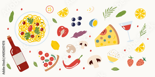 A vibrant and colorful illustration of italian food and ingredients scattered across a white background