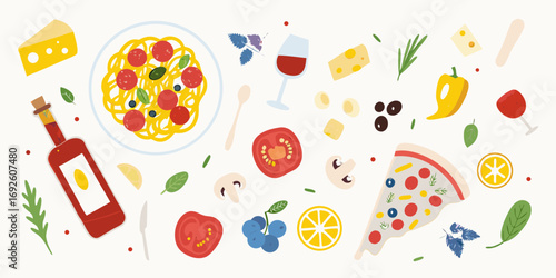 Italian food ingredients and dishes scattered on a white background