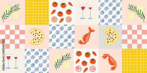 A vibrant collage of food and drink elements with geometric patterns and nature motifs
