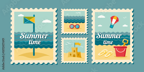 Collection of four stylized postage stamps depicting various summer beach vacation scenes and activities