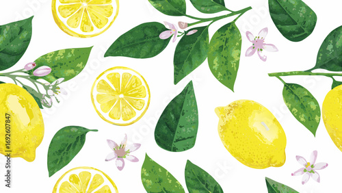 Vibrant lemon tree pattern with whole fruits slices leaves and blossoms on white background