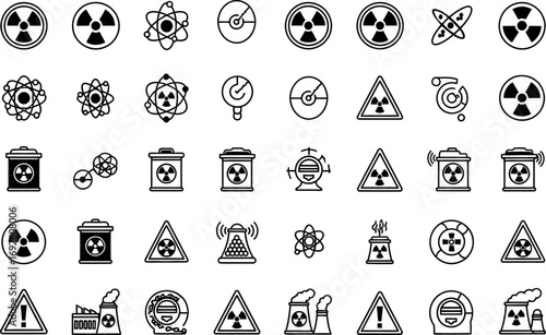 Nuclear power and radioactivity icons set. Atomic energy symbols, radiation, danger sign, power station, atom, toxic, biohazard, waste, chemical, flat line style. Minimalist design.