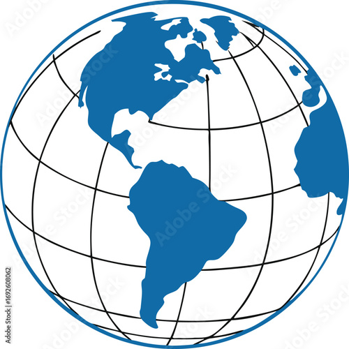 Blue and white globe illustration showing North and South America with longitude and latitude lines. Clean, simple vector style ideal for maps, education, and global business graphics.