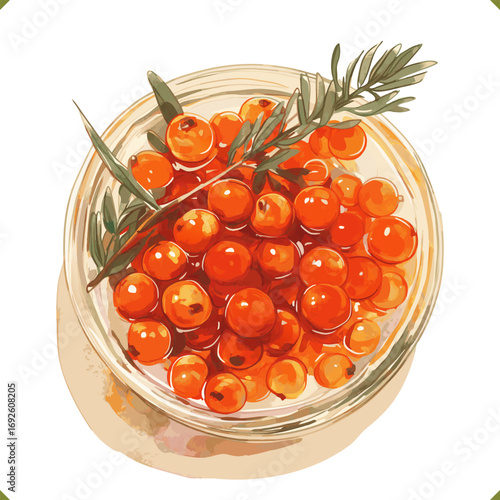 Vector illustration of sea buckthorn oil with berries and leaves in a bowl. Flatlay, top view, isolated on white background