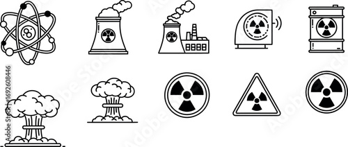 Atomic and Nuclear Power Flat Line Icons, Atom Icon, Nuclear Explosion Icon, Radioactive Icon, Radiation Icon, Nuclear Power Plant Icon.
