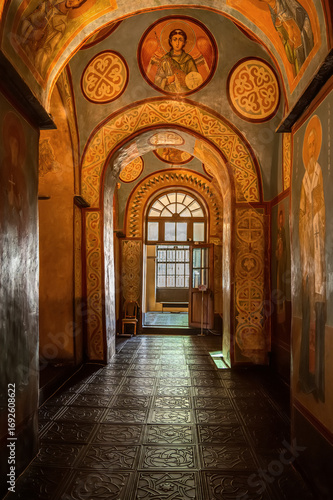 Frescoed corridor with arches in Saint Sophia Cathedral, Kyiv