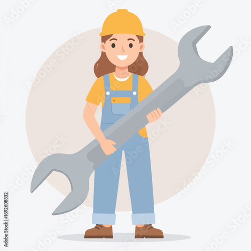 Smiling female worker in overalls holding a large wrench, cartoon style.