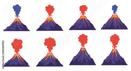 volcanoes erupting with colorful lava flows and smoke