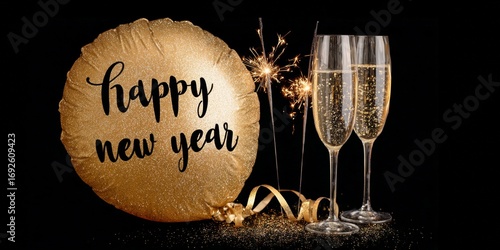  happy new year 2026, new year's eve party holiday event celebration greeting card with text - Golden balloon with two champagne glasses and sparklers, isolated on black table background