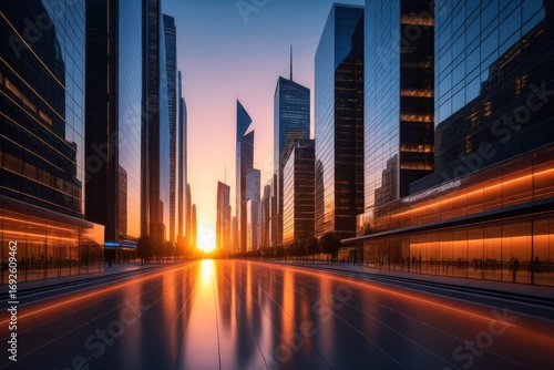 Futuristische Skyline bei Sonnenuntergang, moderne Wolkenkratzer mit Glasfassaden, Spiegelung im Wasser, urbane Landschaft, Stadtzentrum, Abendstimmung, Architektur und Technologie