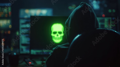 Hacker in Hoodie with Skull on Screen in Dark Room.