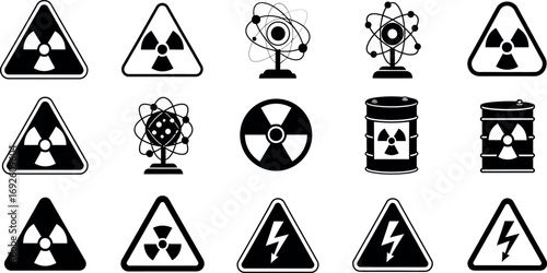 Atomic energy, radiation symbol, radioactive waste barrel, and electrical danger graphics.