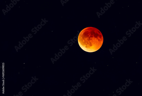 Blood moon during full lunar eclipse on September 7 2025 above Antalya, Turkey, Mediterranean region.
