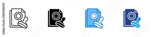 Certified Approval Multiple Style Icon Design Vector - Document with certification seal and stamp, representing official approval or authorization