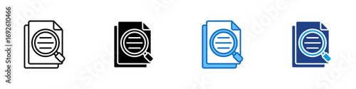 Document Search Multiple Style Icon Design Vector - Document with magnifying glass over text, representing content search, document review, or inspection