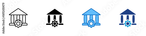 Government Settings Multiple Style Icon Design Vector - Government building with gear, representing public administration, policy management, or system governance