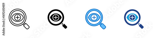 Focus Vision Multiple Style Icon Design Vector - Magnifying glass over an eye with plus symbol, representing vision enhancement, inspection, or focus