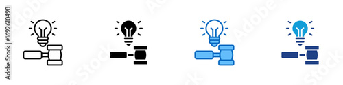 Idea Law Multiple Style Icon Design Vector - Lightbulb with gavel, representing intellectual property, innovation law, or creative legal solutions
