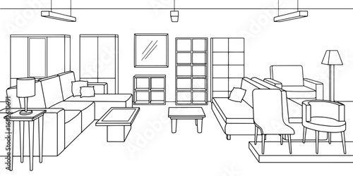Furniture store interior shop graphic black white interior sketch illustration vector 