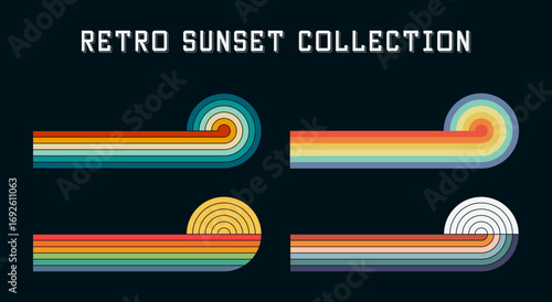 Retro sunsets illustration. Set of vintage sunset with colorful stripes in 80s style. Retro design element with abstract colored sunrise. Graphics for banners, prints and t-shirt. Vector.