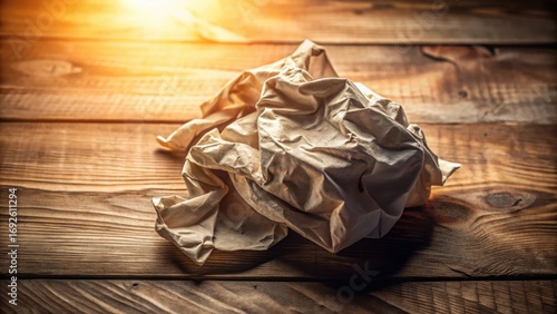 A crumpled sheet of paper rests on a rustic wooden surface, illuminated by a warm, golden light.