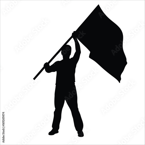Silhouette of Man Raising Flag with Both Hands Isolated on White Background