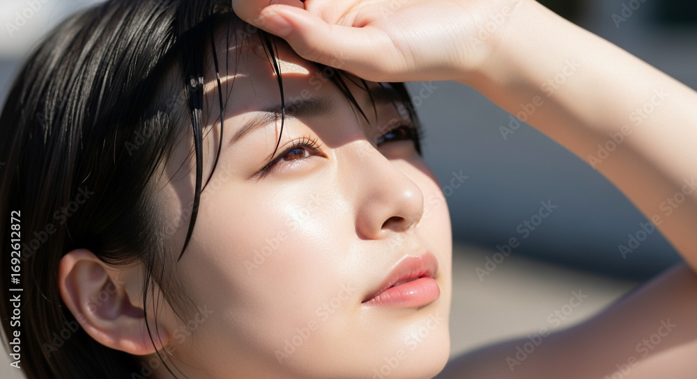 Obraz premium 日射しが眩しい 手で遮る