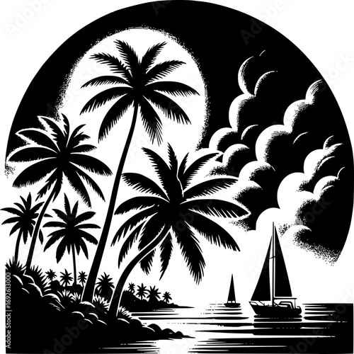 Coastal Serenity: A serene coastal scene is beautifully portrayed in monochrome, where palm trees sway gently, and a sailboat glides gracefully upon the calm waters under a dramatic sky.