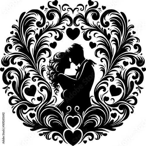 Eternal Embrace: A romantic silhouette captures a loving couple enveloped within a decorative floral wreath, celebrating love and togetherness. 