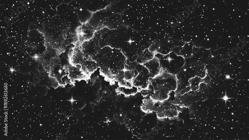 Deep space scene background in stippling style with glowing stars cluster and mesmerizing huge nebula as stellar nursery where stars are born. Dotwork. Pointillism. Noisy shading using dots. Vector