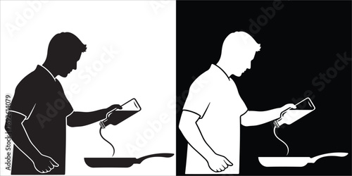 Man Pouring Cooking Oil into Frying Pan, Monochrome Silhouette Graphic