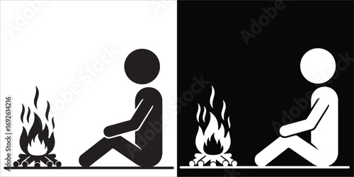 Minimalist Illustration of Person Sitting by Bonfire in Contrasting Black and White