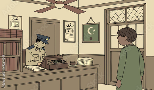 “A Pakistani police reporting desk with a citizen filing a complaint. The officer is in Pakistani police uniform, sitting behind a wooden desk filled with files, stamps, and an old typewriter. Add dus