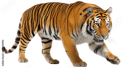 Wallpaper Mural Majestic Tiger on the Move: A stunning tiger strides purposefully, showcasing its impressive stripes and powerful physique, an image of the raw beauty and strength of nature. Torontodigital.ca