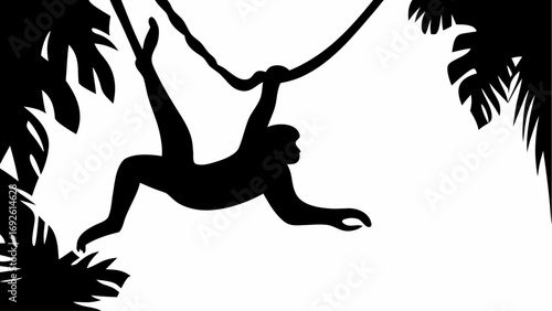 Silhouette of a monkey swinging from vines surrounded by tropical leaves in a jungle environment