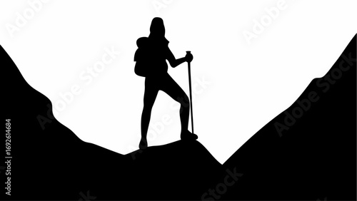 Silhouette of a female hiker with backpack and hiking stick on a mountain peak against a white background