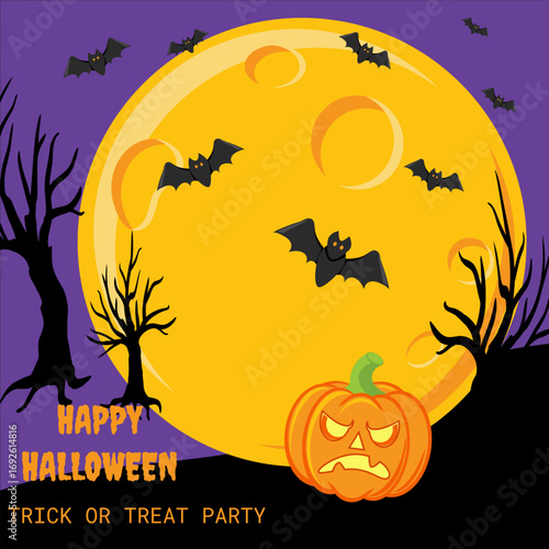 Vector Halloween invitation design with scary trees, full moon, bats and pumpkins on dark background. Clean vector Halloween flyer or postcard showing haunted trees, full moon, flying bats and pumpkin