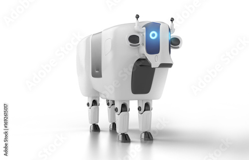 3d robot cow in realistic creative style. Mechanical farm animal character isolated on white background. Futuristic modern concept design.