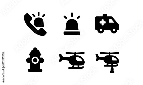 Emergency icon set in flat style featuring phone, siren, ambulance, hydrant, and helicopter