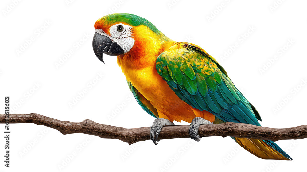 Fototapeta premium Vibrant Parrot Perched: A stunning parrot, boasting a vivid array of colors, perches gracefully on a branch, a captivating glimpse of tropical avian beauty.