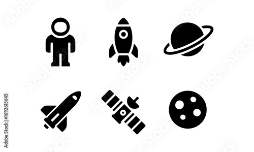 Space icons: astronaut, rocket, planet, satellite, moon in black silhouette style
