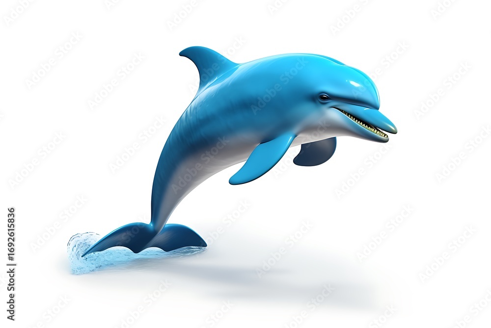 Fototapeta premium A vibrant blue dolphin gracefully leaps above the water's surface, showcasing its agility and playfulness
