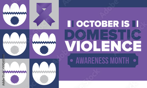 Domestic Violence Awareness Month in October. Celebrate annual in United States. Awareness purple ribbon. Day of Unity. Prevention campaign. Stop women abuse. Poster, banner and background. Vector