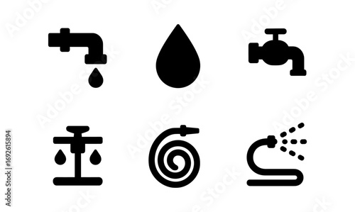 Minimalist water supply icons: faucet, droplet, and hose graphics